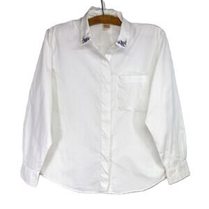 Women's Large JANTZEN Classic White Button Down Blue Flower Embroidered Collar